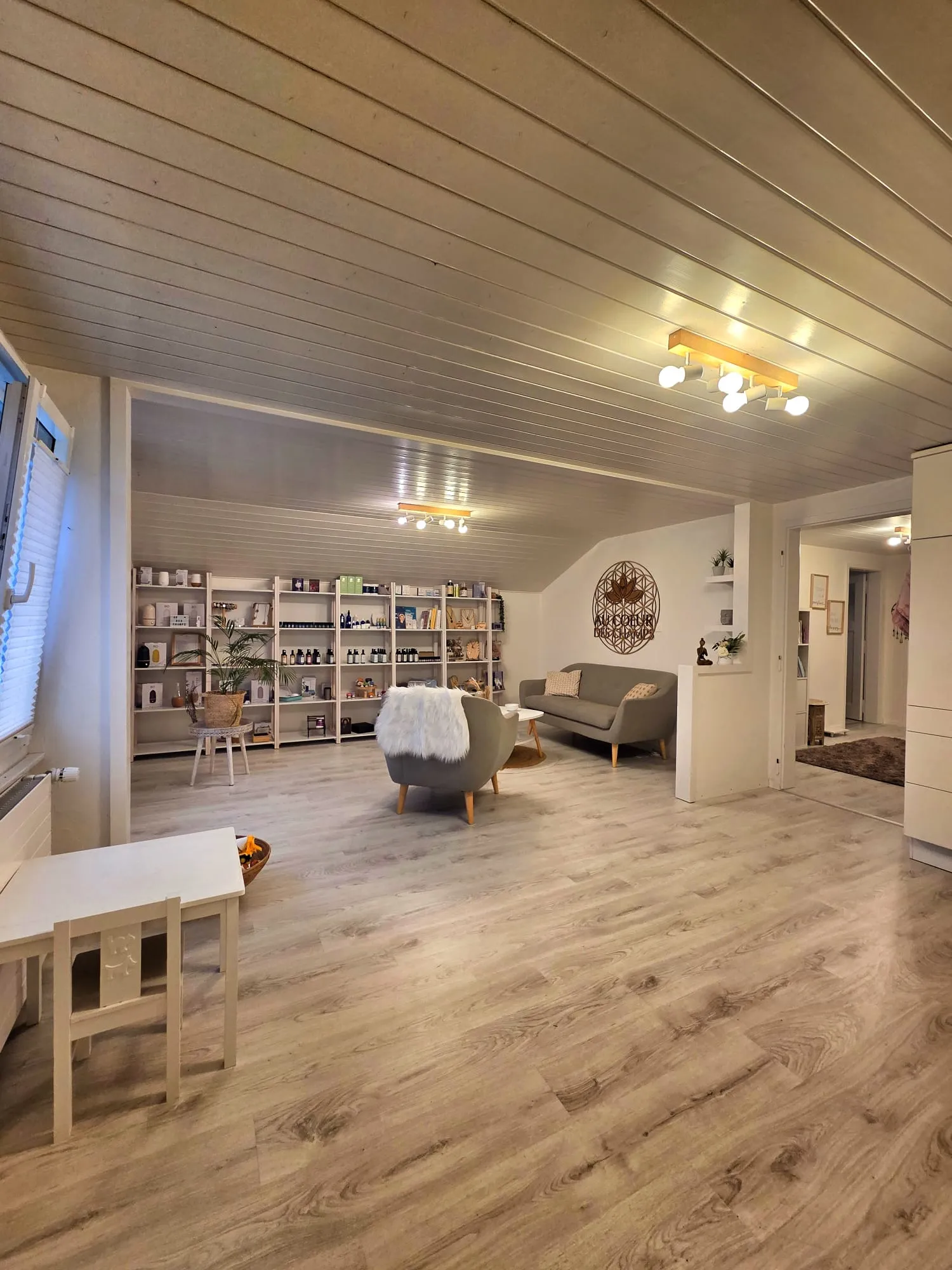 Espace d'accueil du cabinet avec coin salon et étagères de produits